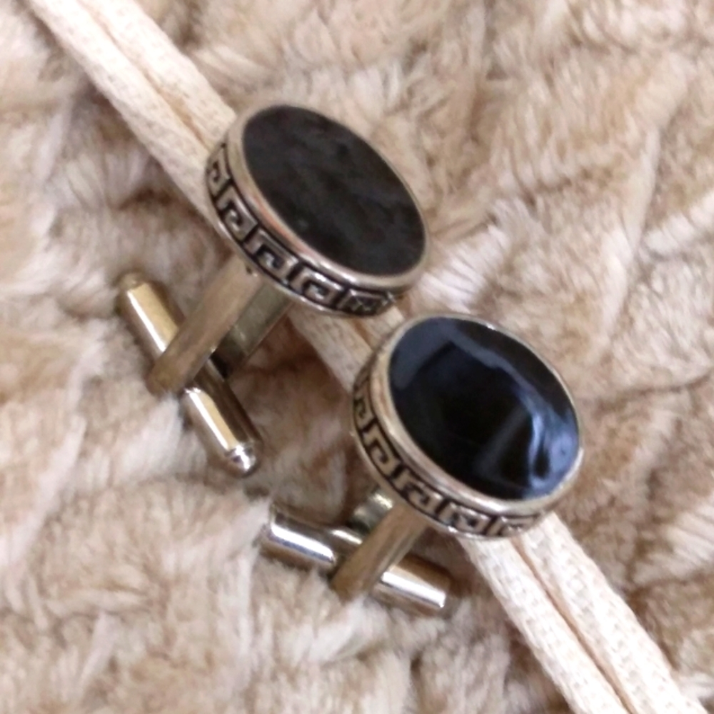 Vintage Black Stone Men's Cufflinks Silver Toned with Greek Key Design